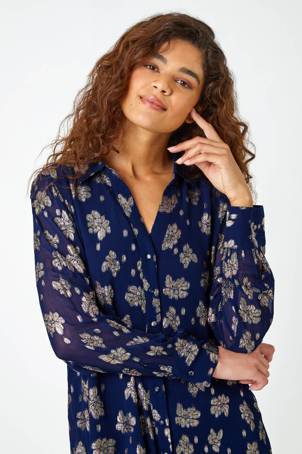 Midnight Blue Metallic Floral Print Blouse, Image 5 of 5