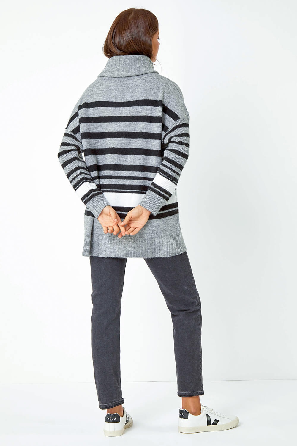Grey Longline Striped Roll Neck Tunic Jumper, Image 3 of 5