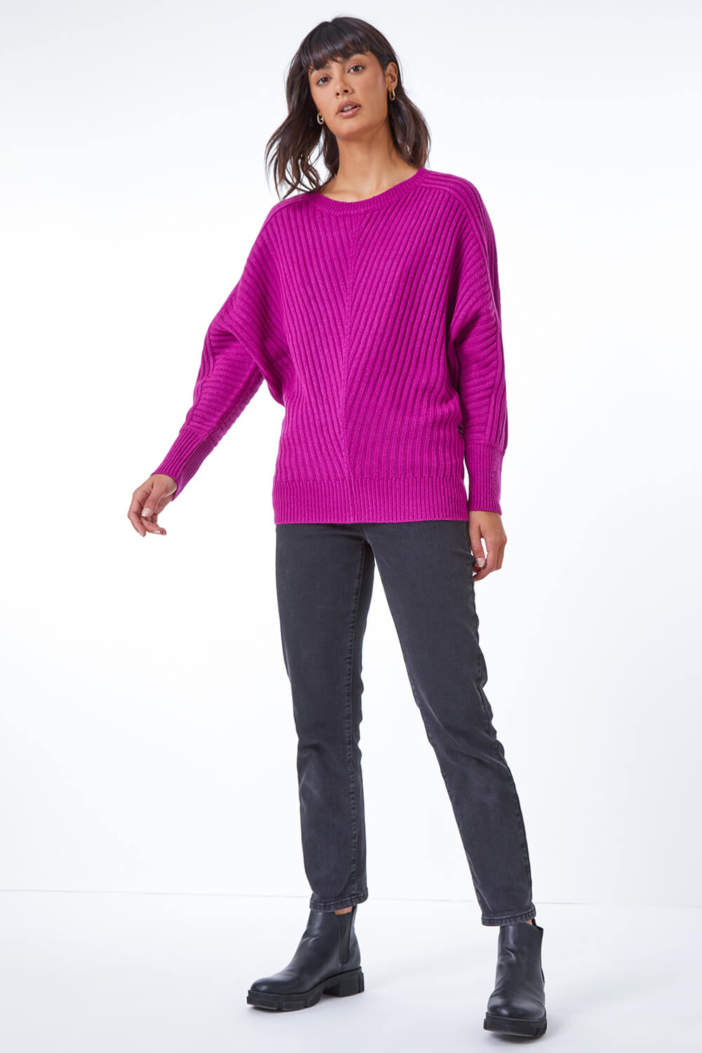 MAGENTA Ribbed Batwing Knitted Jumper , Image 2 of 5