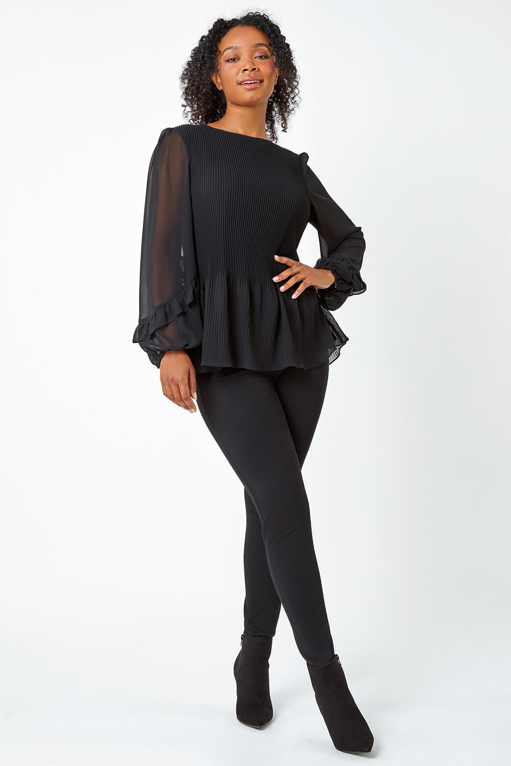 Black Petite Pleated Frill Detail Top, Image 2 of 5