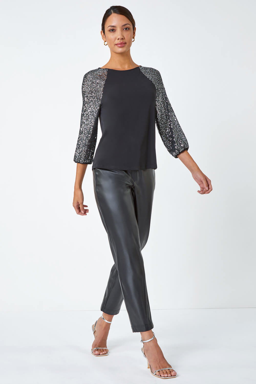Silver Sequin Sleeve Stretch Jersey Top, Image 2 of 5