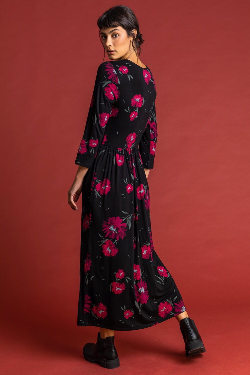 Black Floral Print Gathered Midi Dress, Image 2 of 5