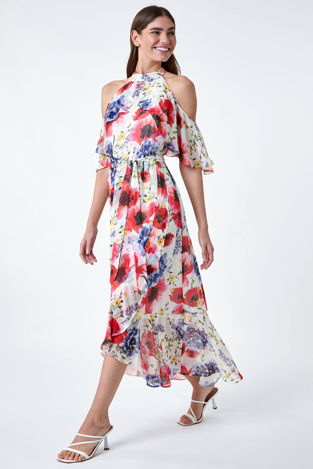Poppy Floral Frill Halterneck Dress