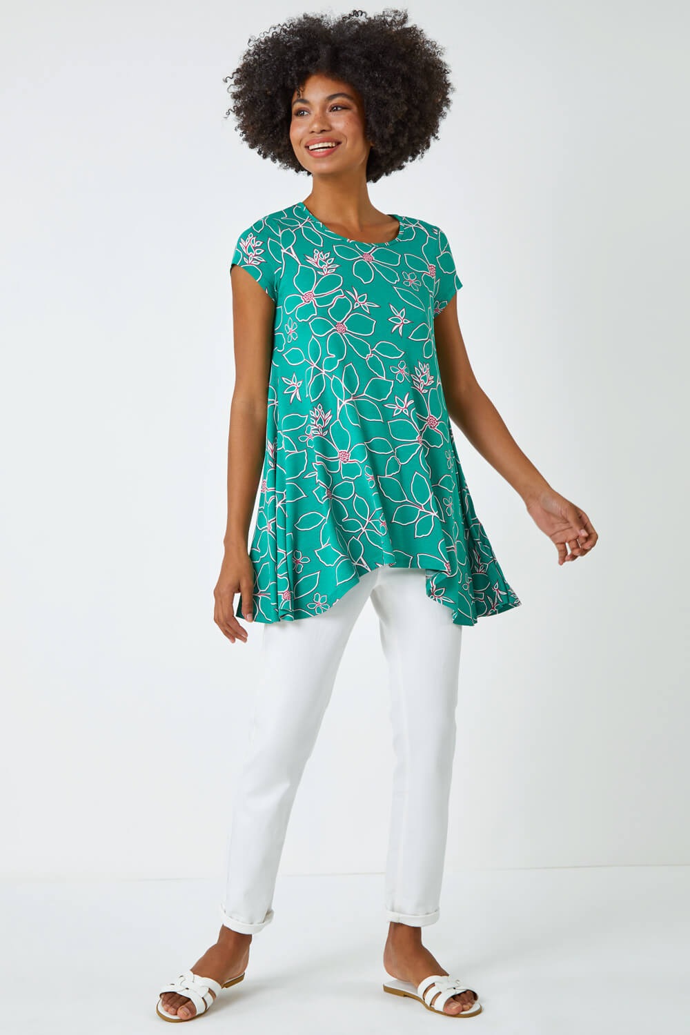 Green Floral Hanky Hem Tunic Top, Image 2 of 5