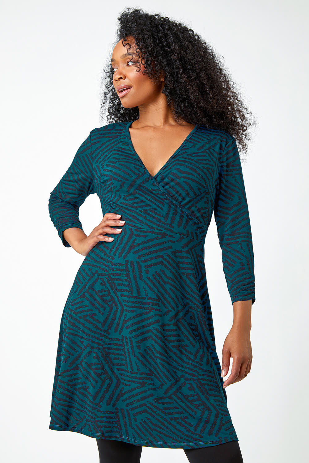 Teal Petite Mock Wrap Abstract Stretch Dress, Image 2 of 5