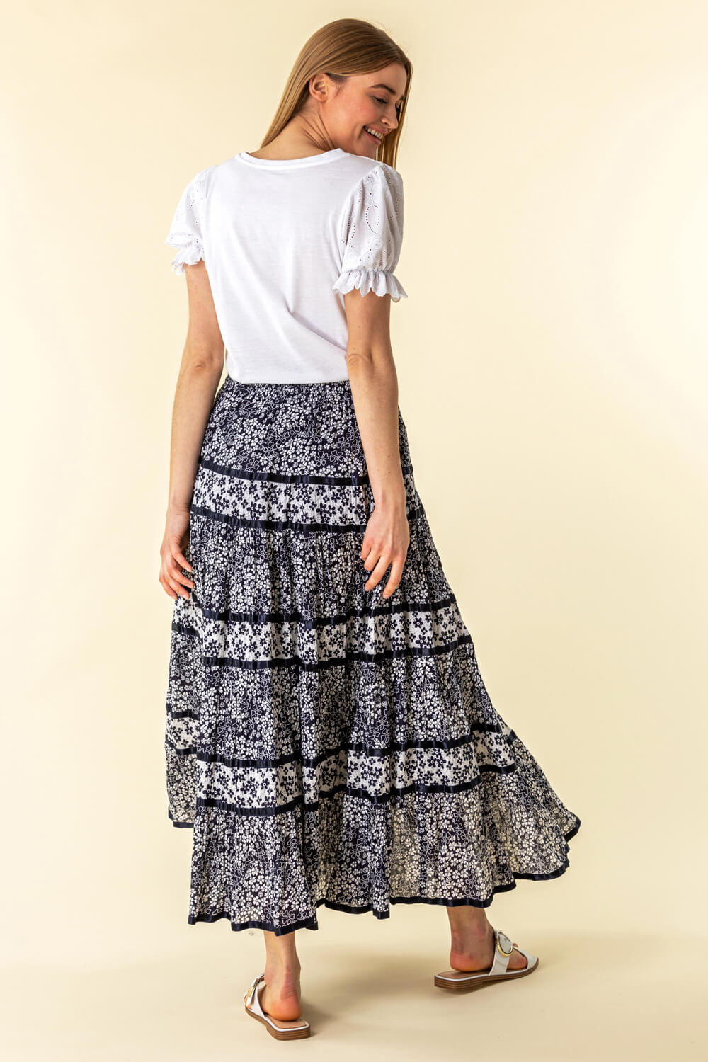 Floral Print Tiered Maxi Skirt in Navy - Roman Originals UK