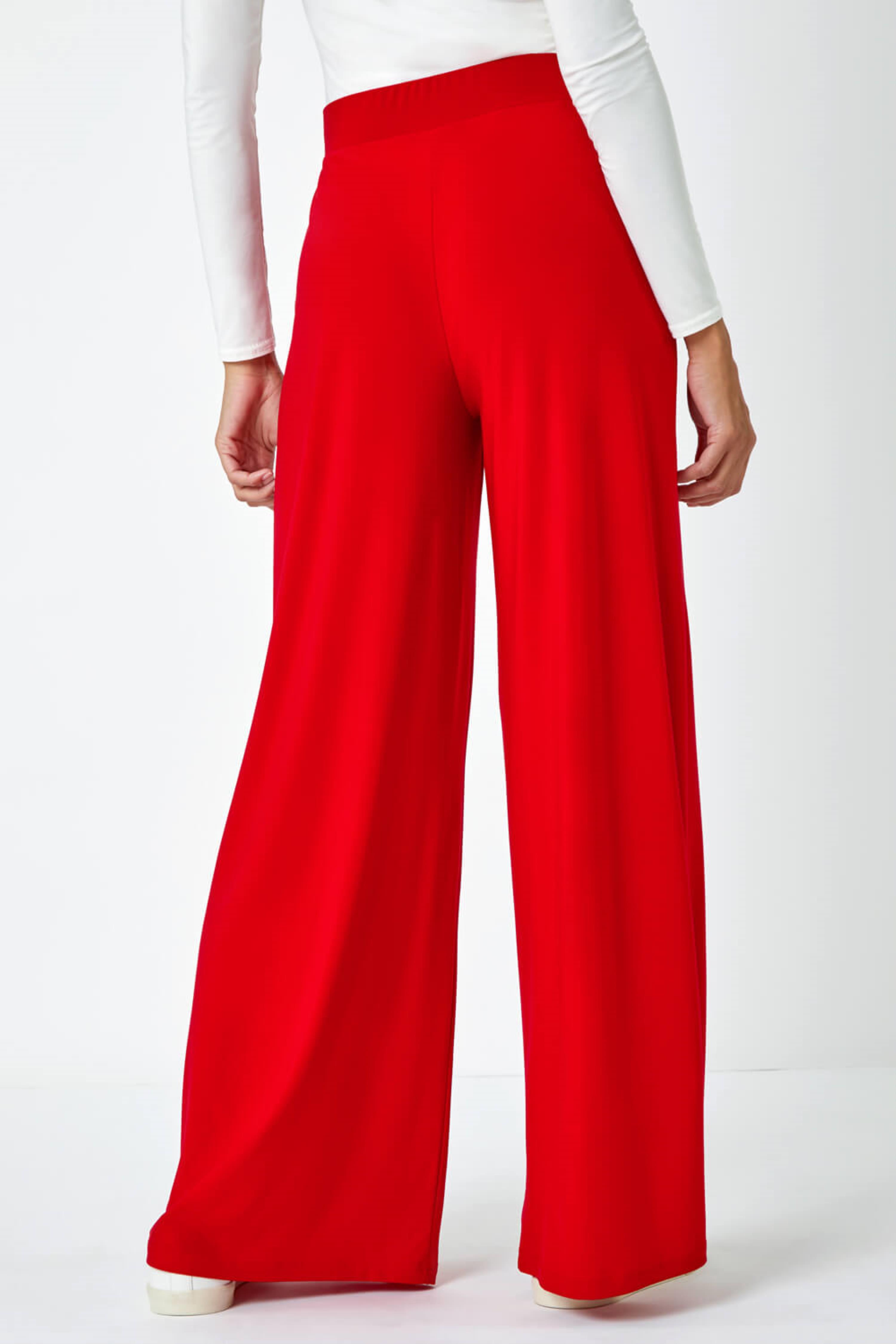 Red Wide Leg Stretch Trousers, Image 3 of 5