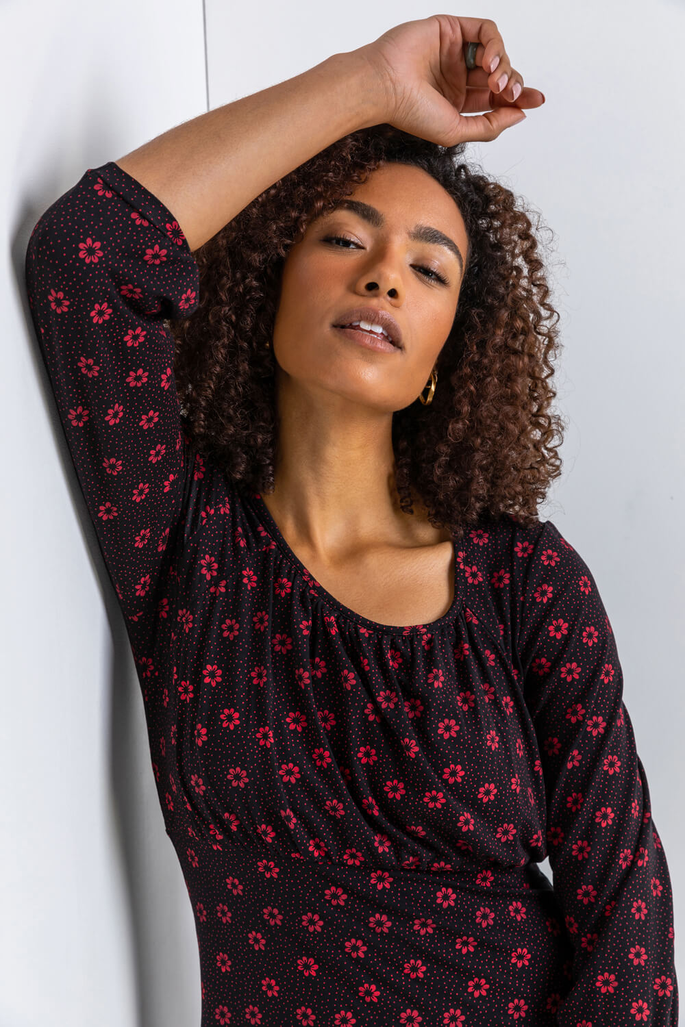 Red Square Neck Floral Spot Print Dress, Image 4 of 5