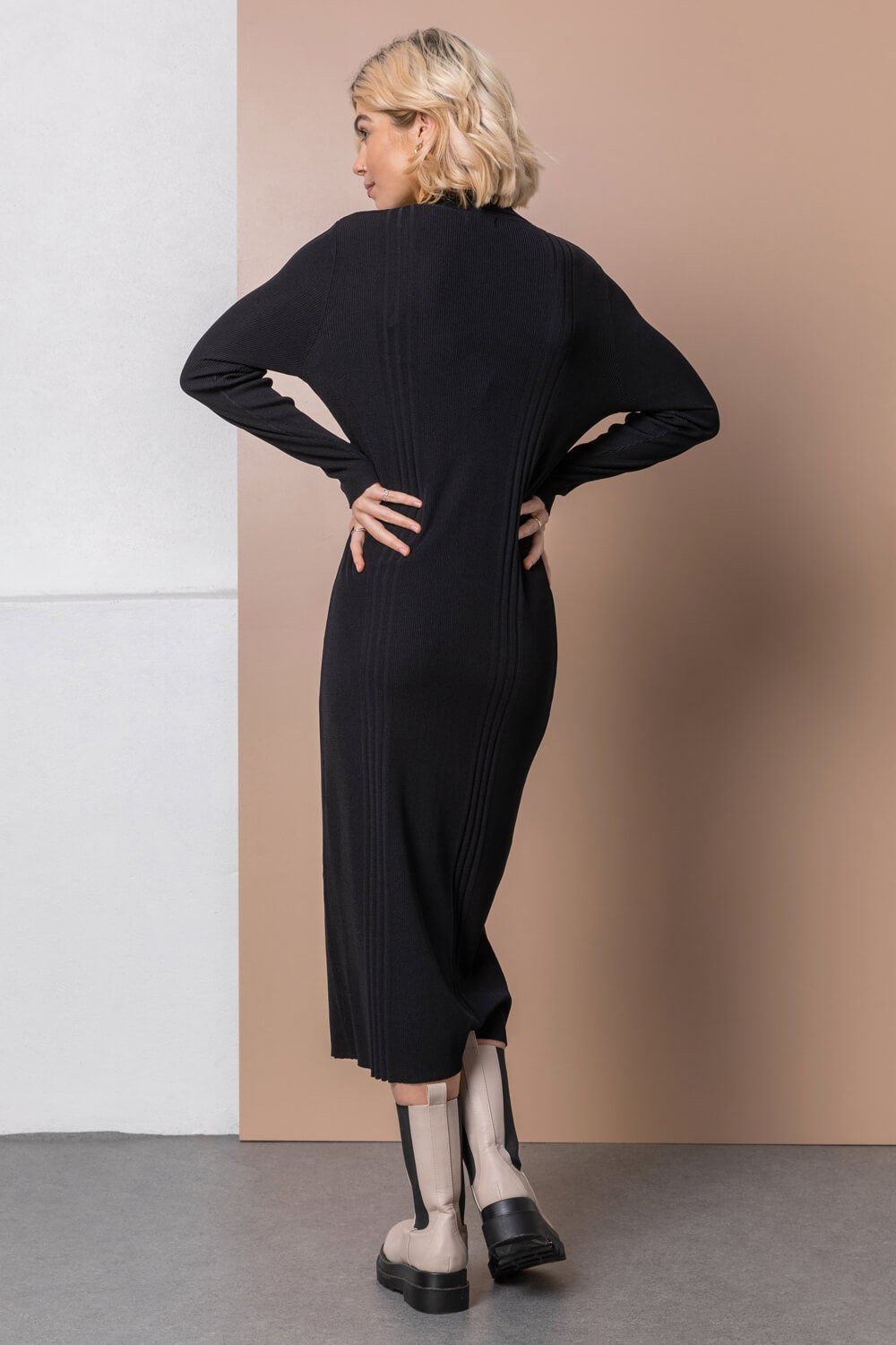 Black Polo Collar Knitted Midi Dress, Image 2 of 5