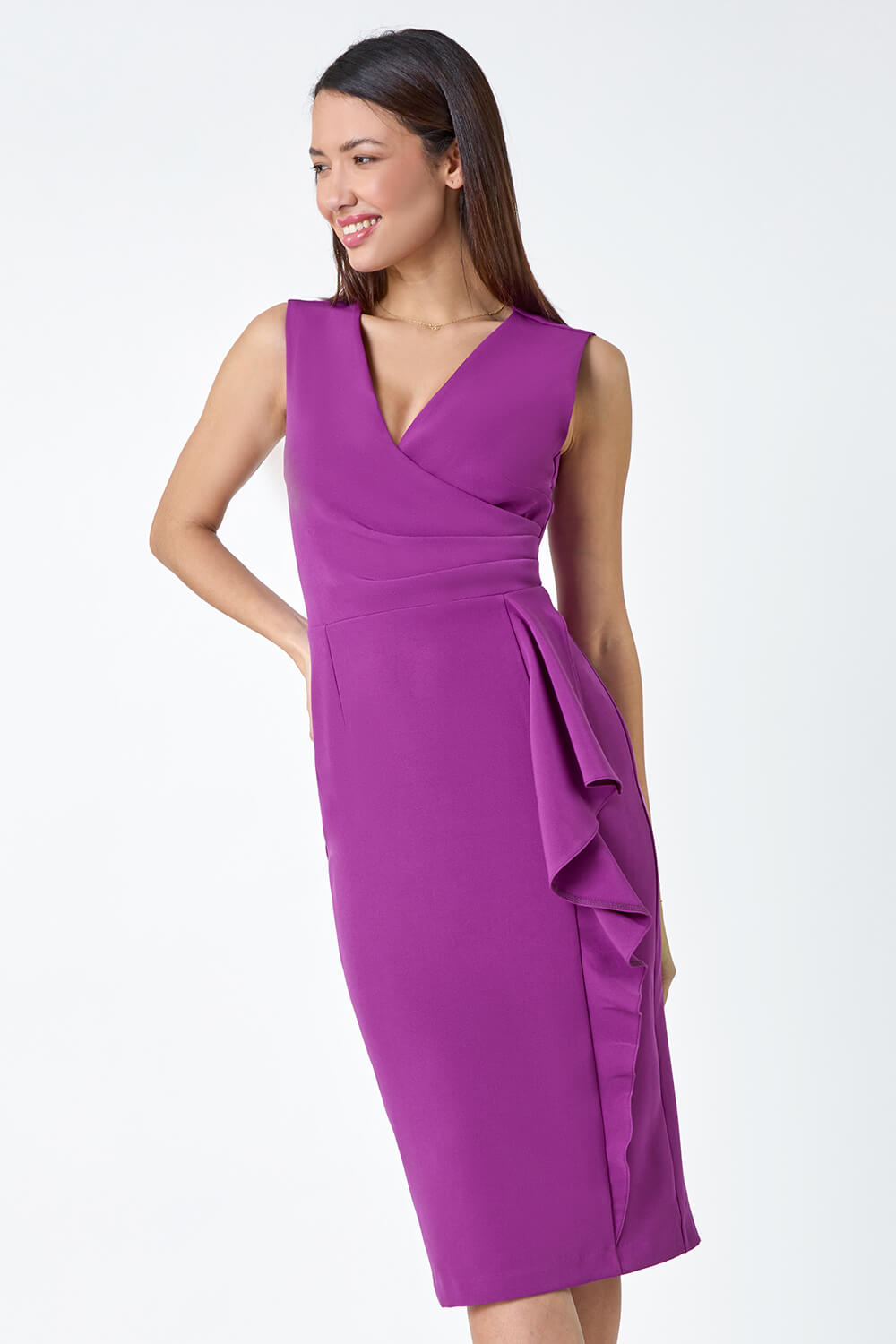 Purple Wrap Draped Crepe Stretch Dress, Image 2 of 5