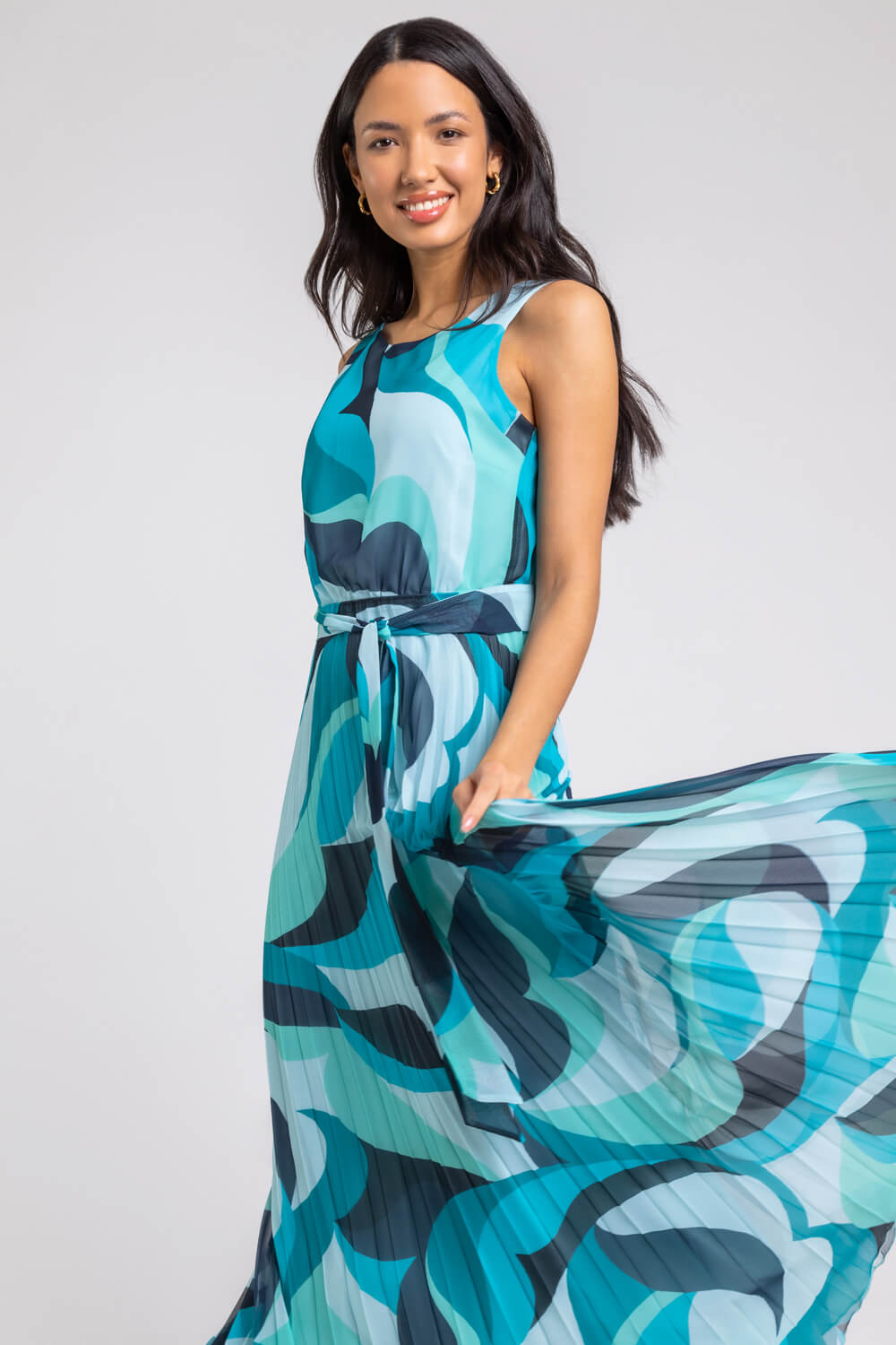 Turquoise Abstract Print Pleated Maxi Dress, Image 5 of 5