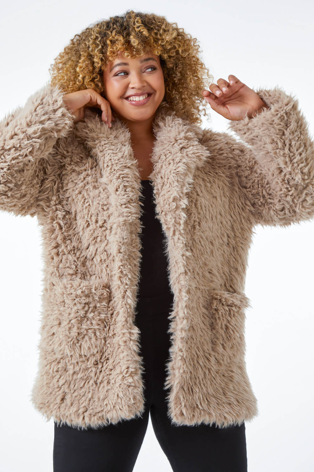 Beige Curve Fluffy Textured Coat, Image 2 of 5