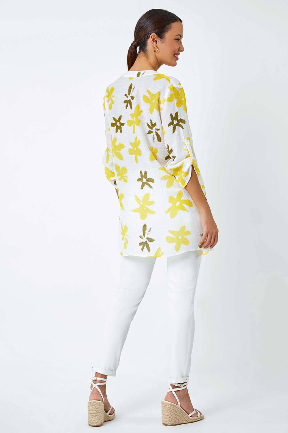 Yellow Floral Print Wrap Hem Tunic Top, Image 3 of 5