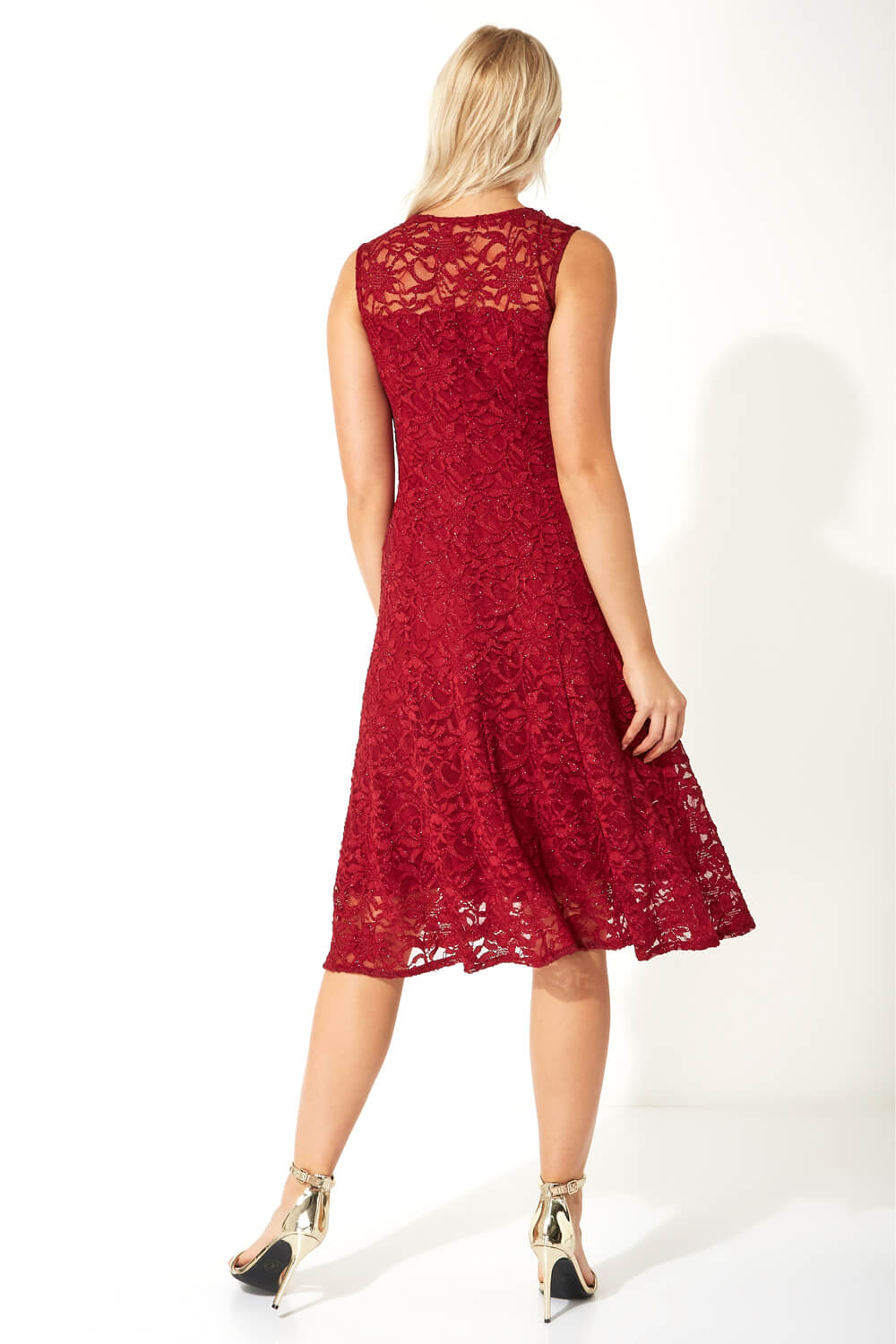 Red Glitter Lace Fit and Flare Dress , Image 3 of 5