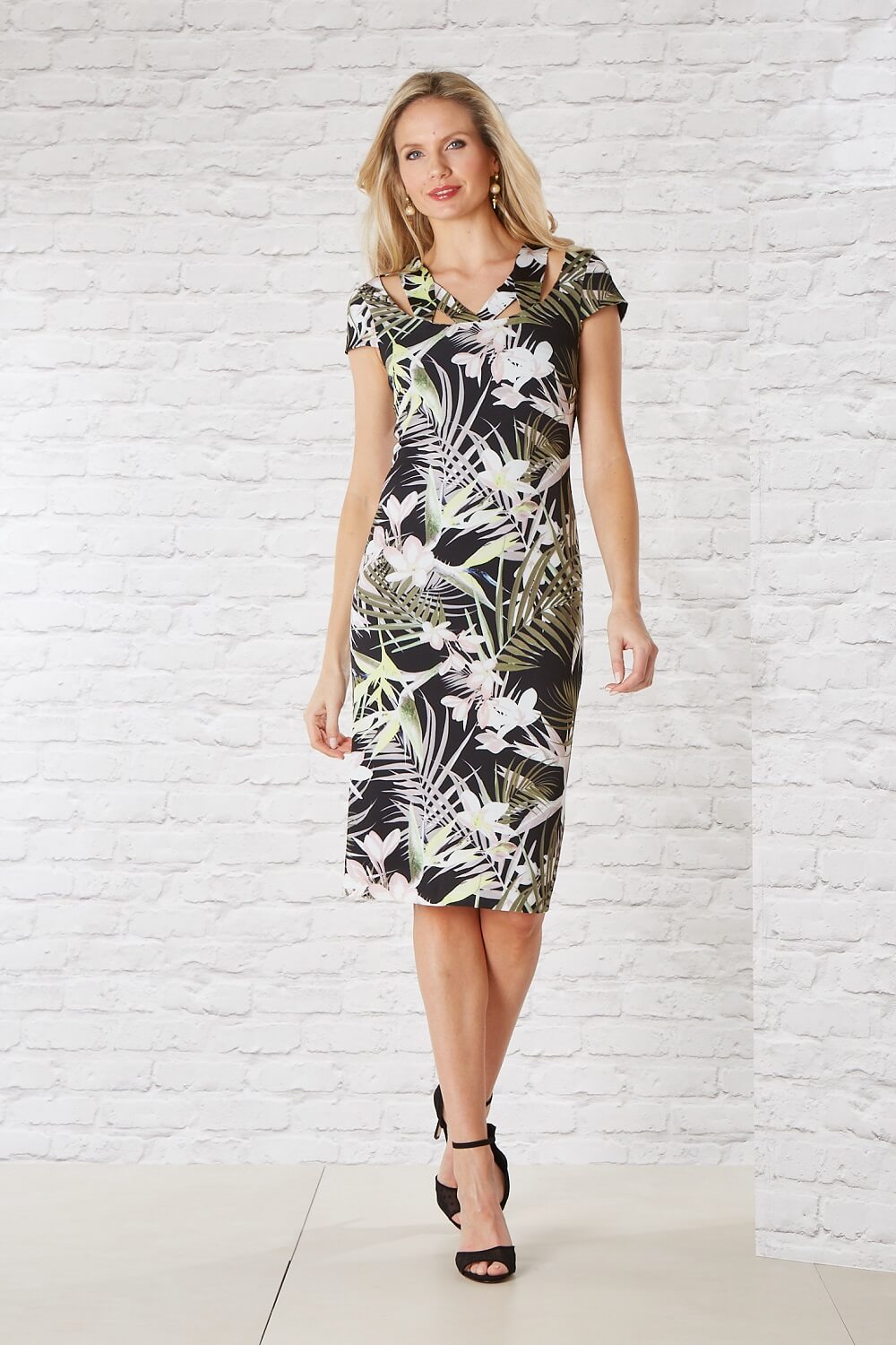 Glitz Tropical Print Scuba Dress in Khaki