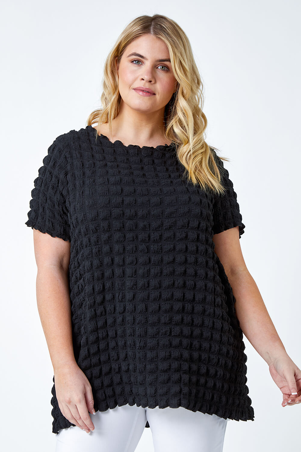 Black Curve Square Textured Stretch Top, Image 2 of 5