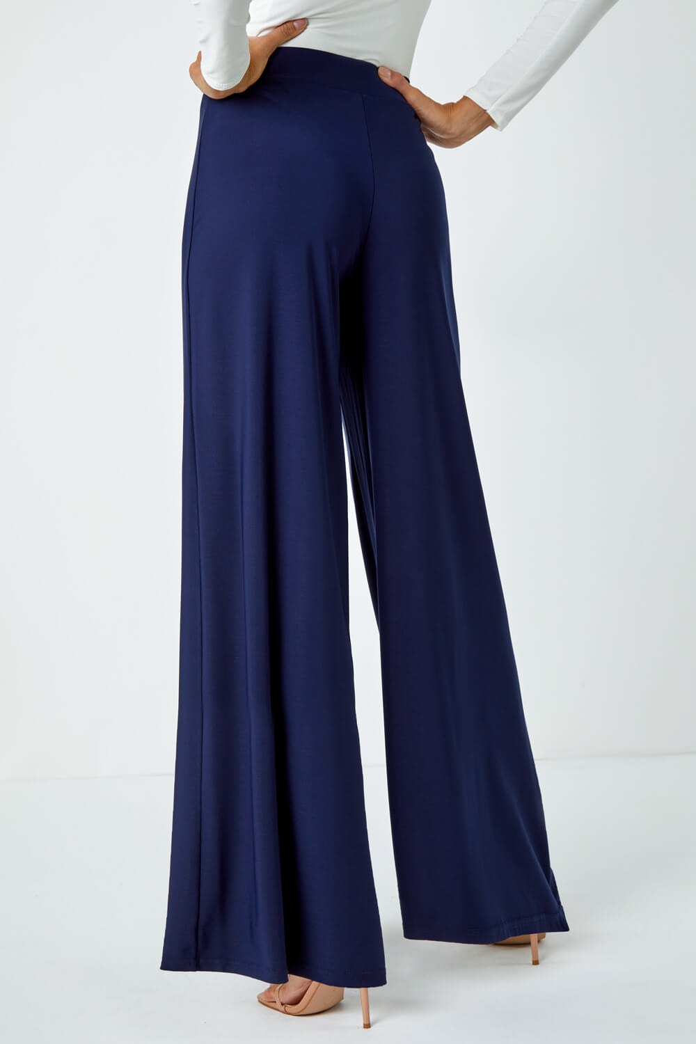 Navy  Wide Leg Stretch Trousers, Image 3 of 6