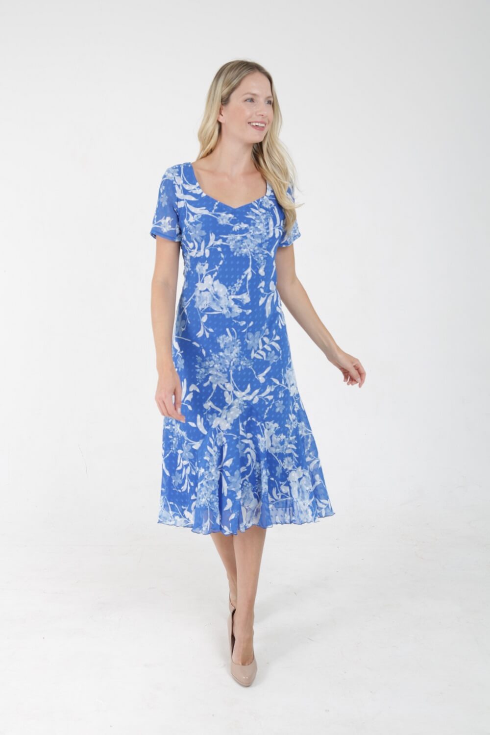 Julianna Floral Print Bias Cut Midi Dress in Royal Blue - Roman ...