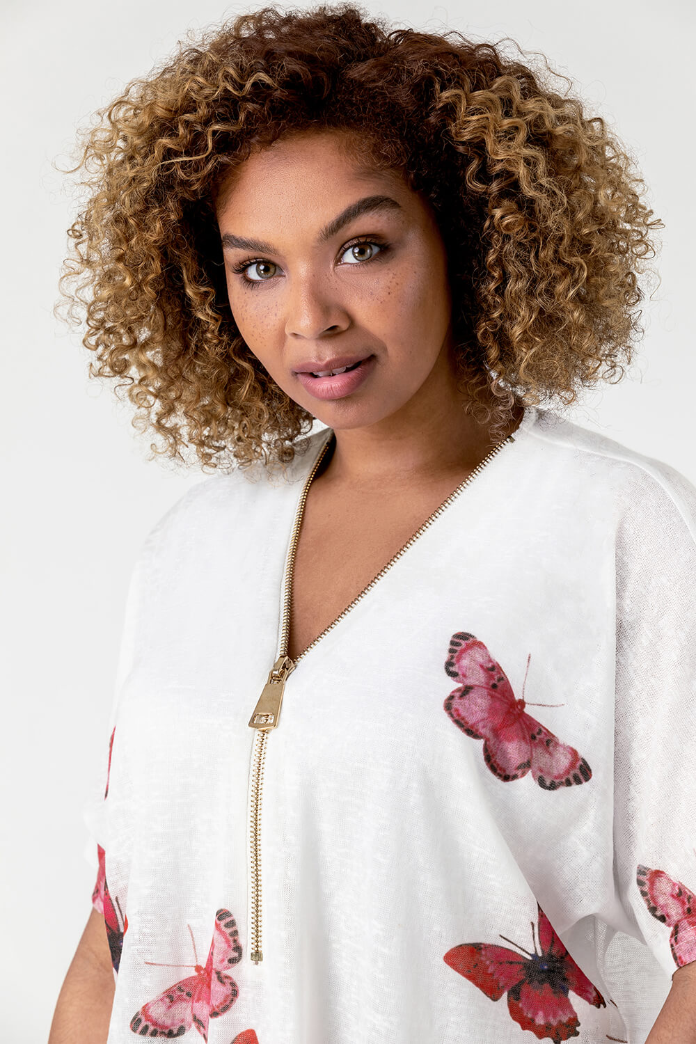 PINK Curve Butterfly Print Zip Front T-Shirt, Image 4 of 4