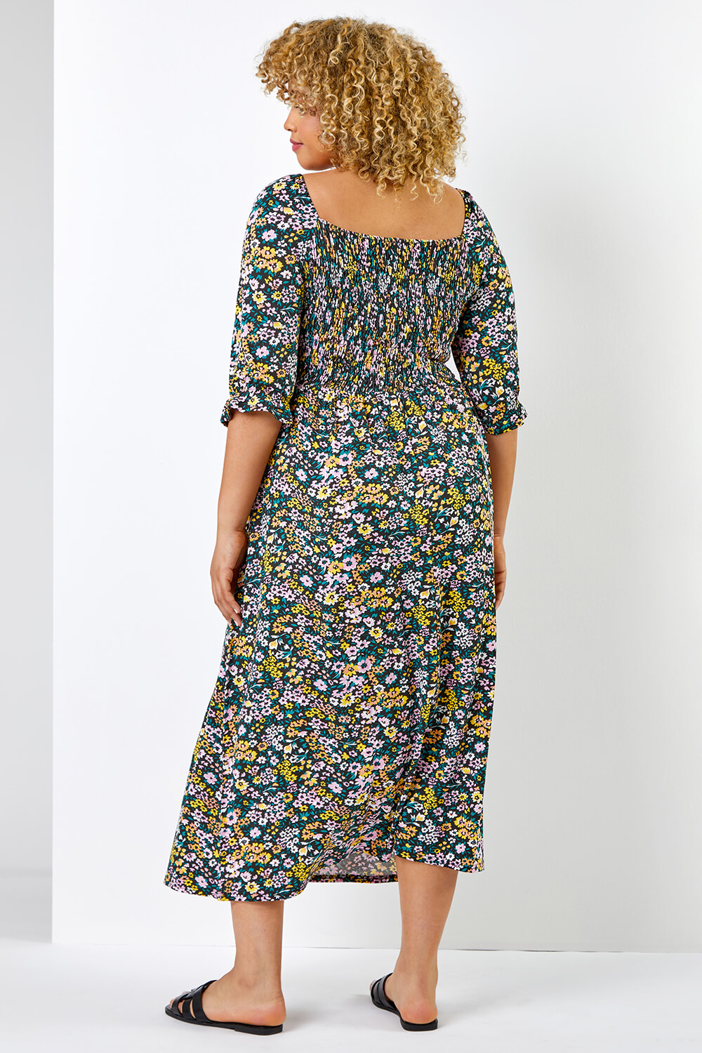 Black Curve Ditsy Floral Shirred Maxi Dress, Image 2 of 6