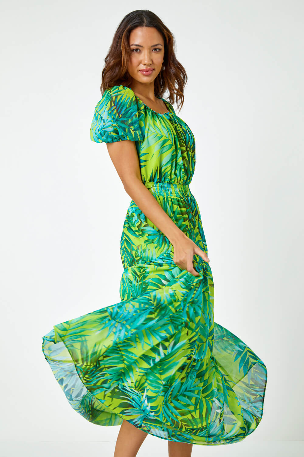 Lime Palm Print Tiered Maxi Dress, Image 5 of 5