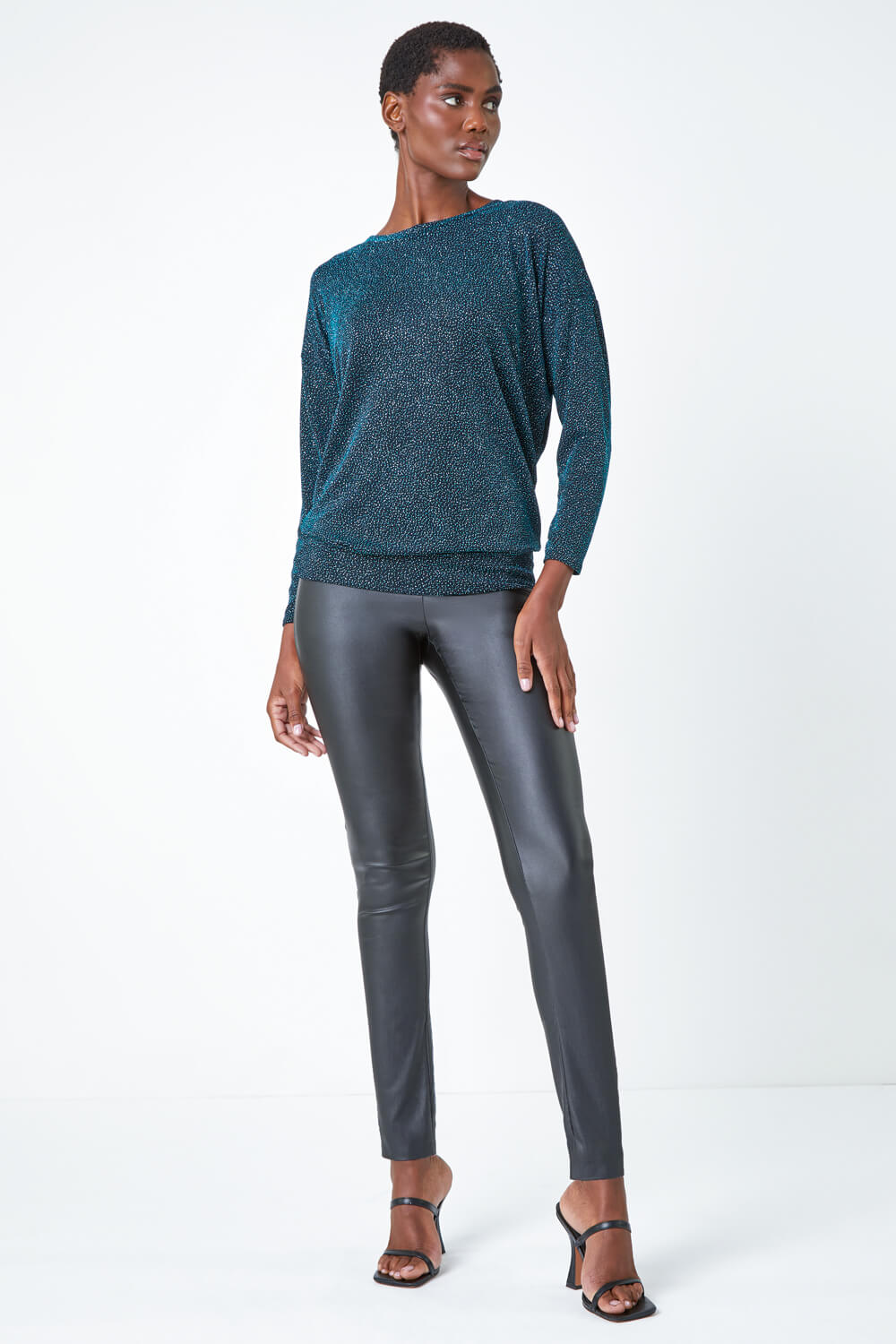 Teal Glitter Blouson Stretch Top , Image 2 of 5