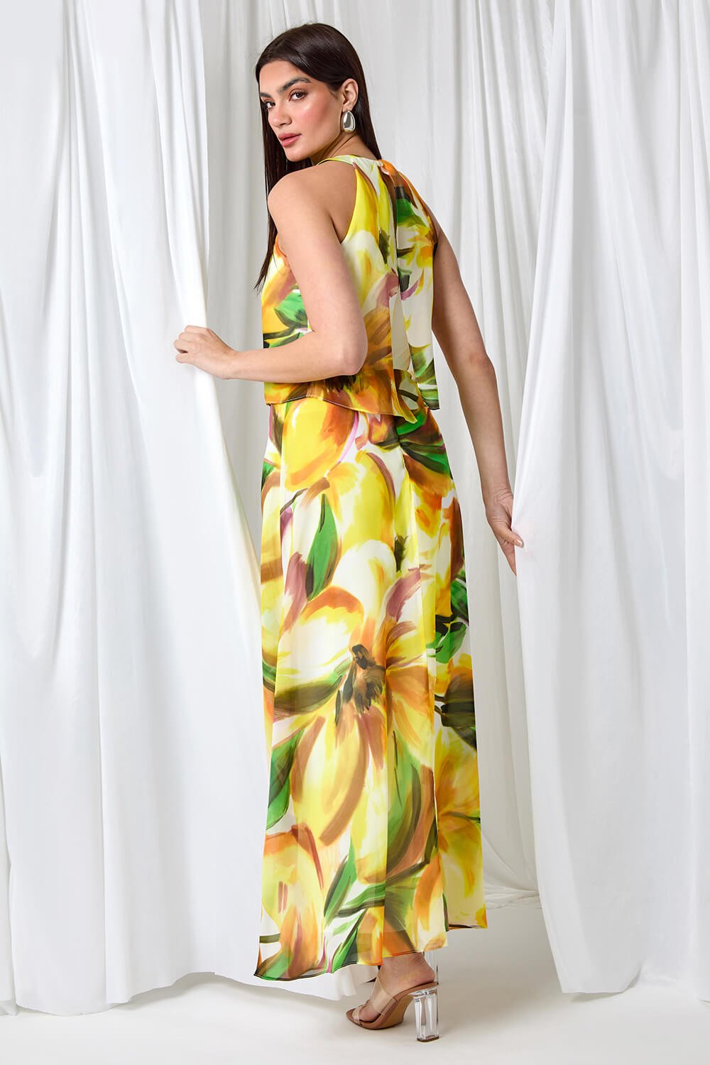 Yellow Floral Print Chiffon Overlay Maxi Dress Roman Uk 5007