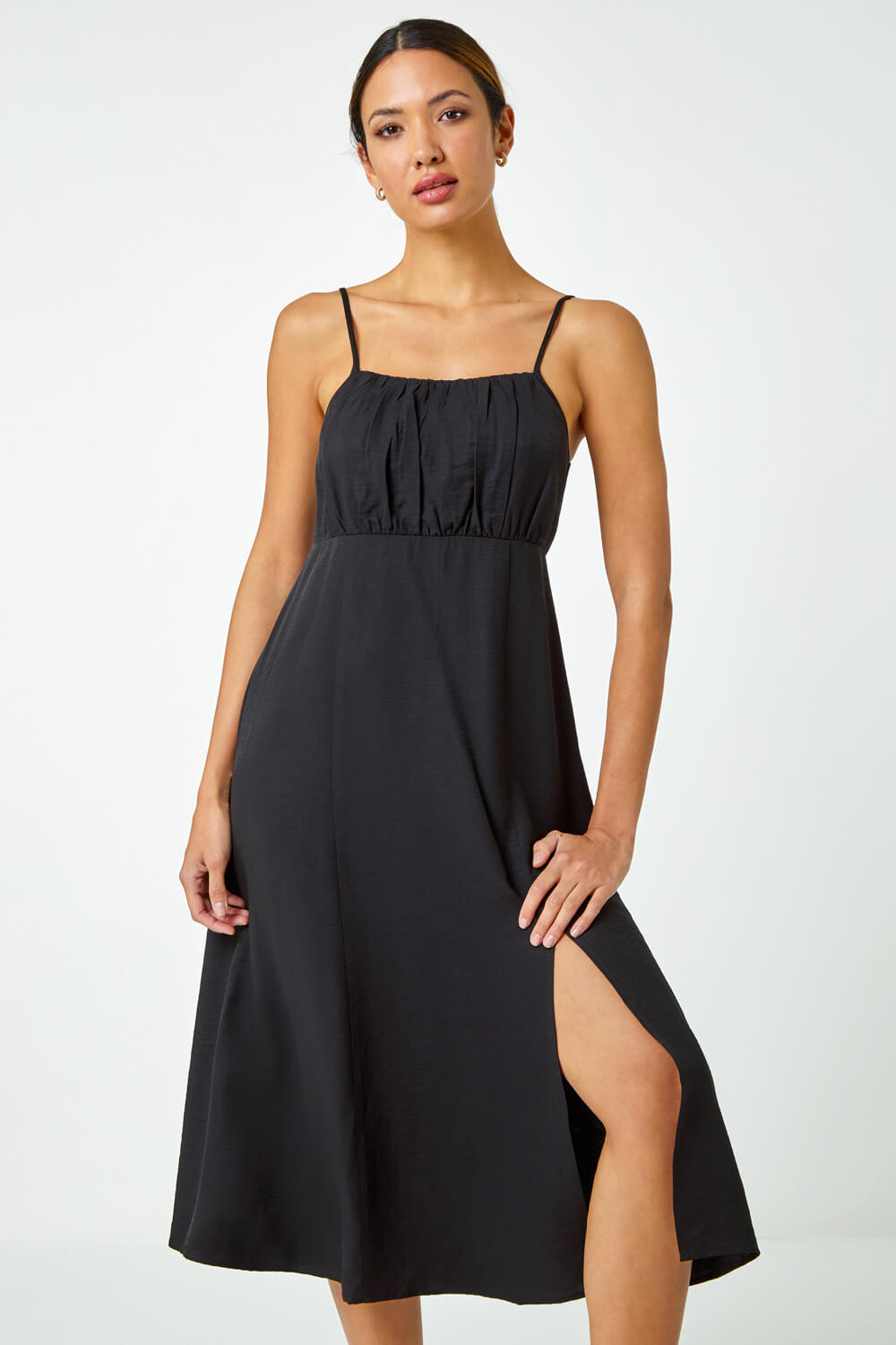 Black Sleeveless Gathered Midi Dress, Image 4 of 5