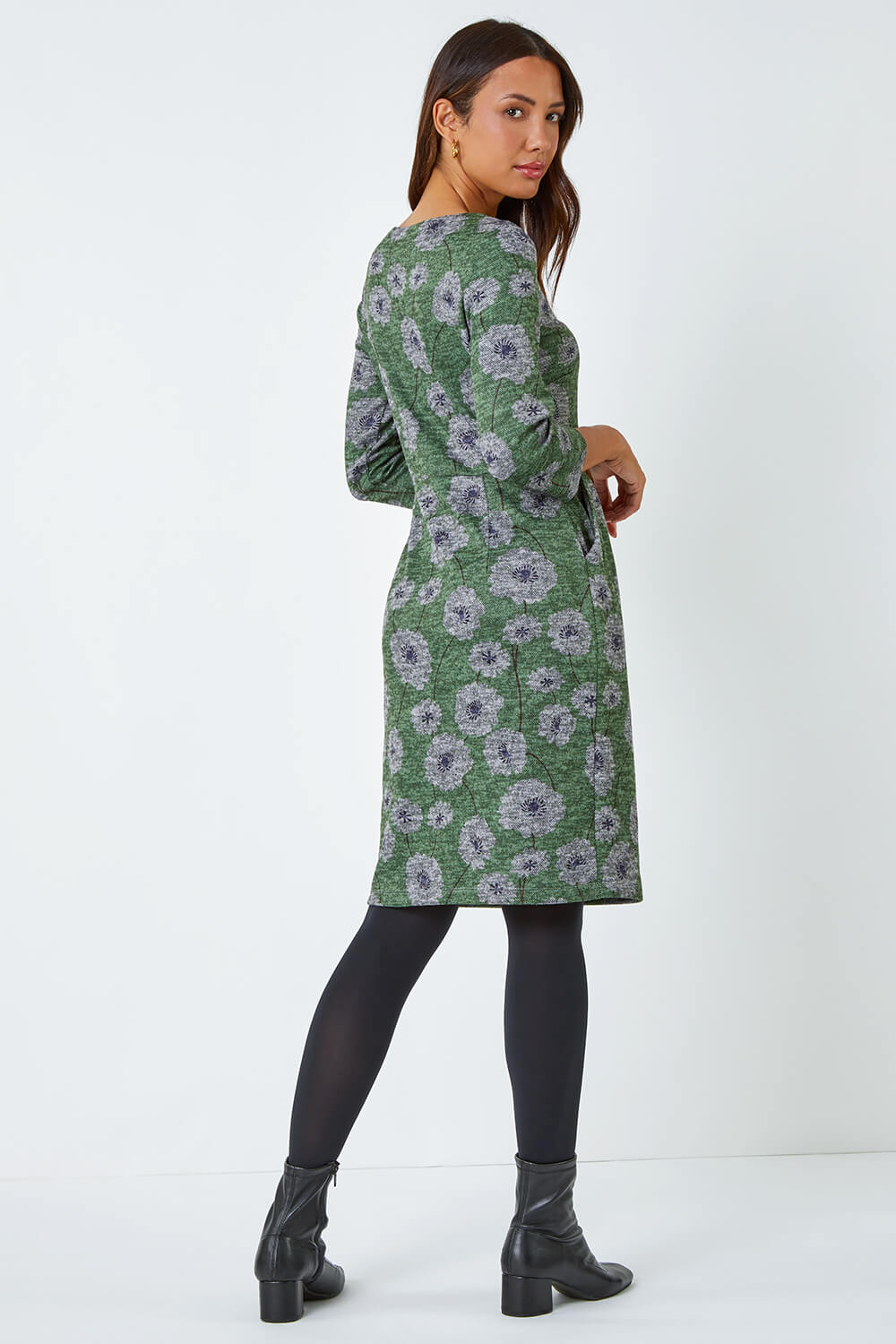 Green Floral Print Pocket Stretch Dress, Image 3 of 5