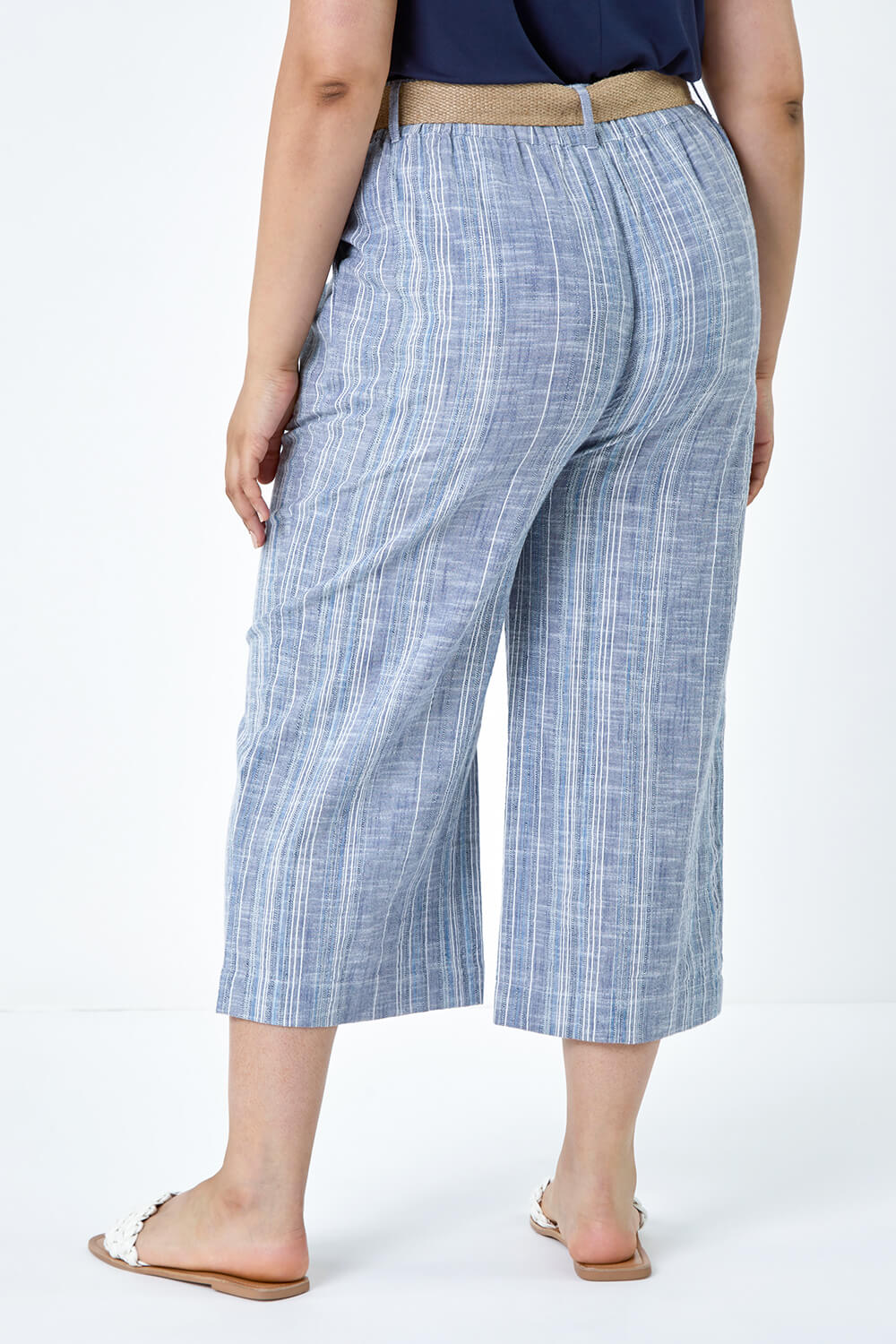 Blue Curve Cotton Stripe Belted Crop Trousers, Image 3 of 5