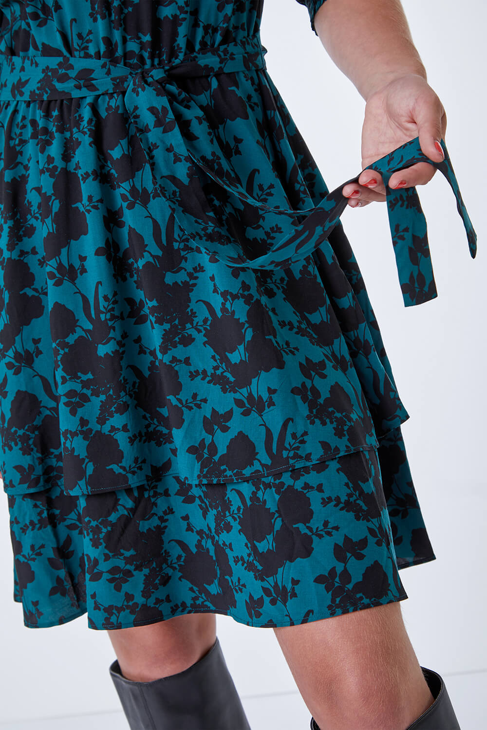 Dark Green Contrast Floral Tiered Dress, Image 5 of 5