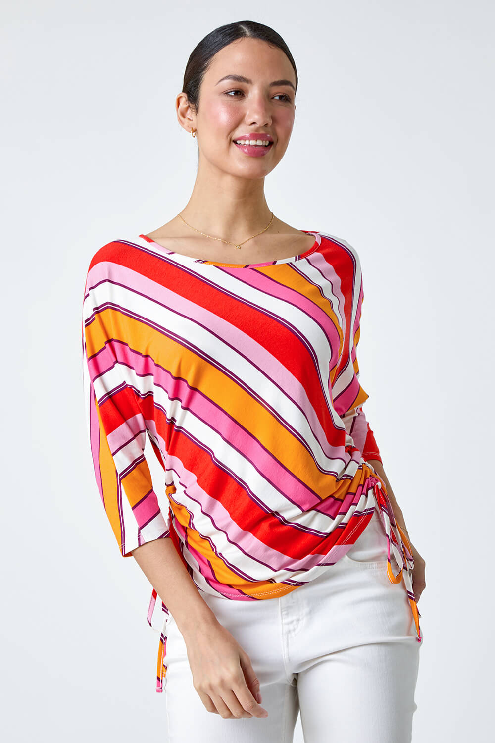 Red Stripe Print Ruched Stretch Top, Image 2 of 5