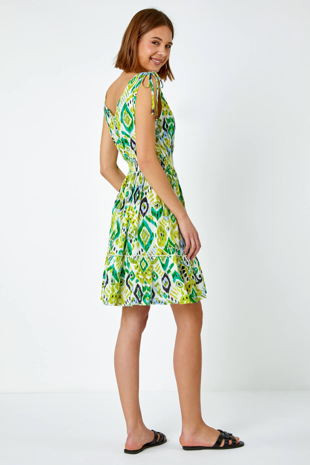 Lime Aztec Print Shirred Stretch Dress, Image 4 of 6