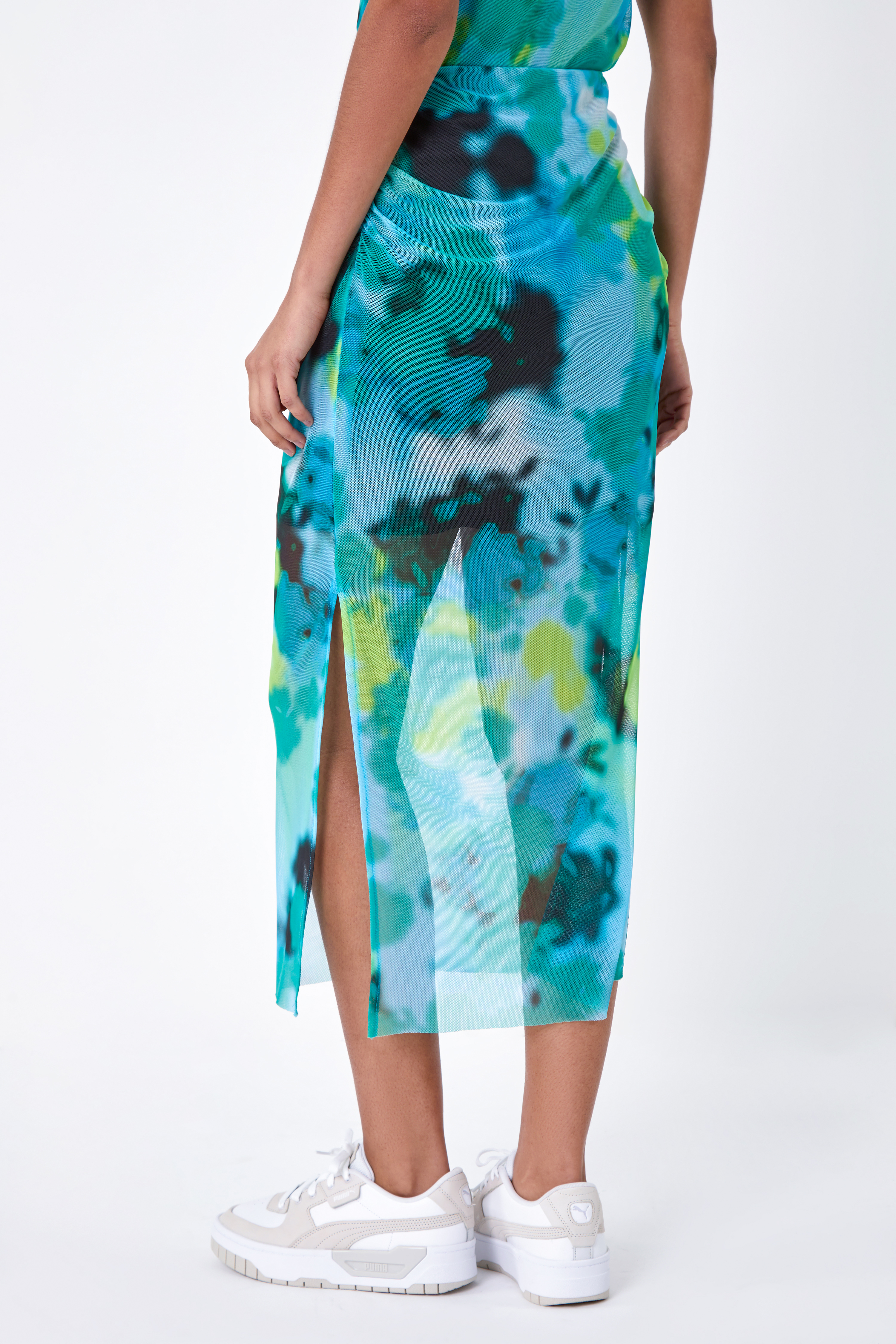 Blue Abstract Stretch Mesh Midi Skirt, Image 3 of 5