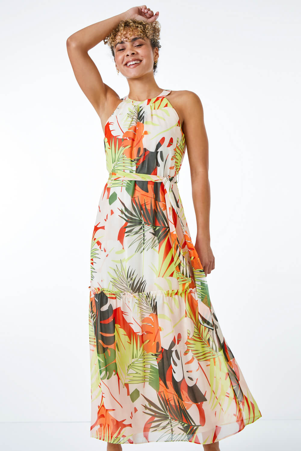 Petite Tropical Print Tiered Dress in Lime - Roman Originals UK