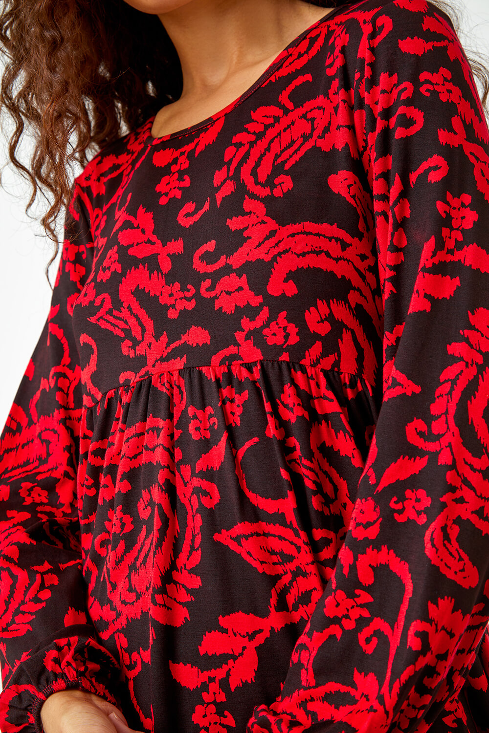 Red Floral Pocket Detail Tunic Stretch Top, Image 5 of 5