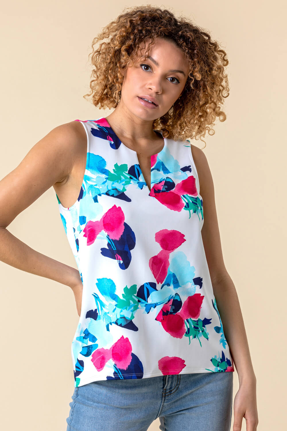 Abstract Floral Print Notch Neck Top in Ivory - Roman Originals UK
