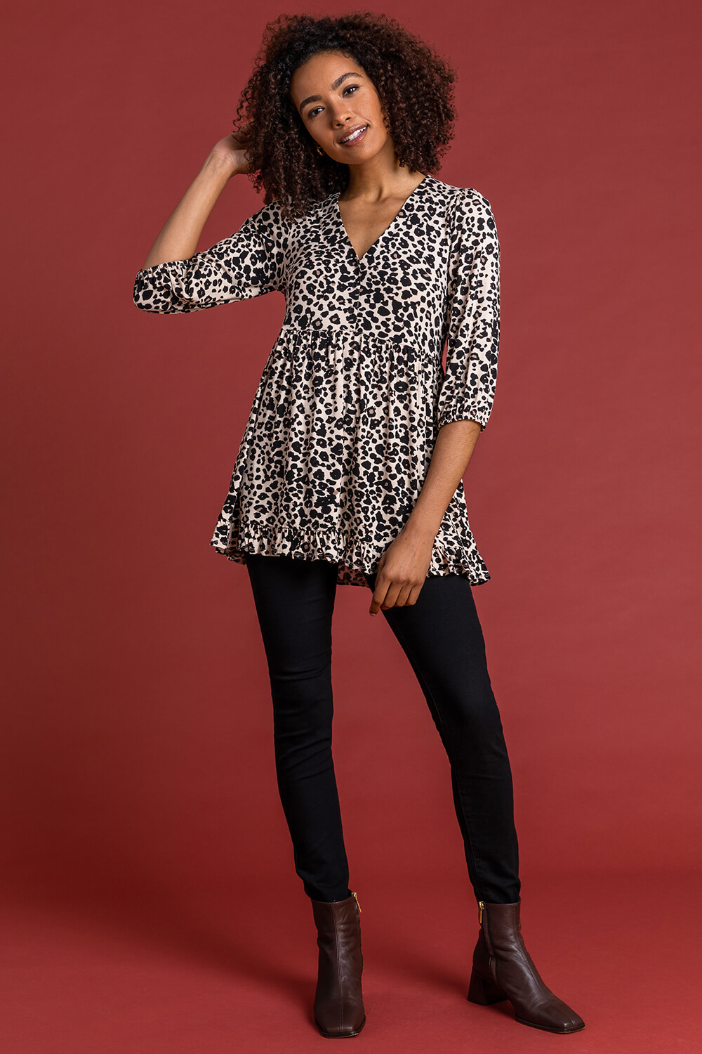 Taupe Leopard Print 3/4 Sleeve Frill Trim Smock Top, Image 3 of 4