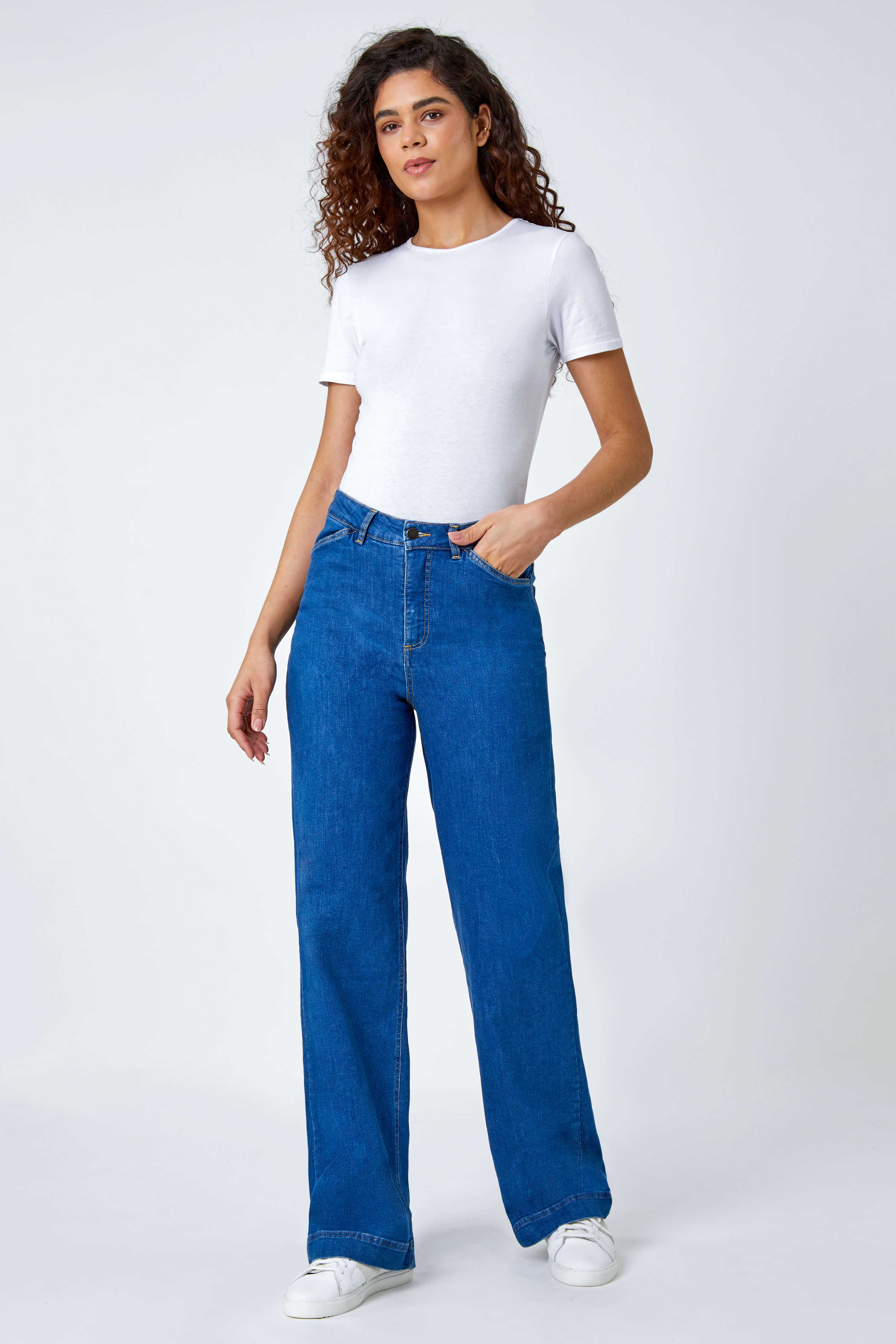 Denim Cotton Blend Wide Leg Stretch Jeans, Image 3 of 6