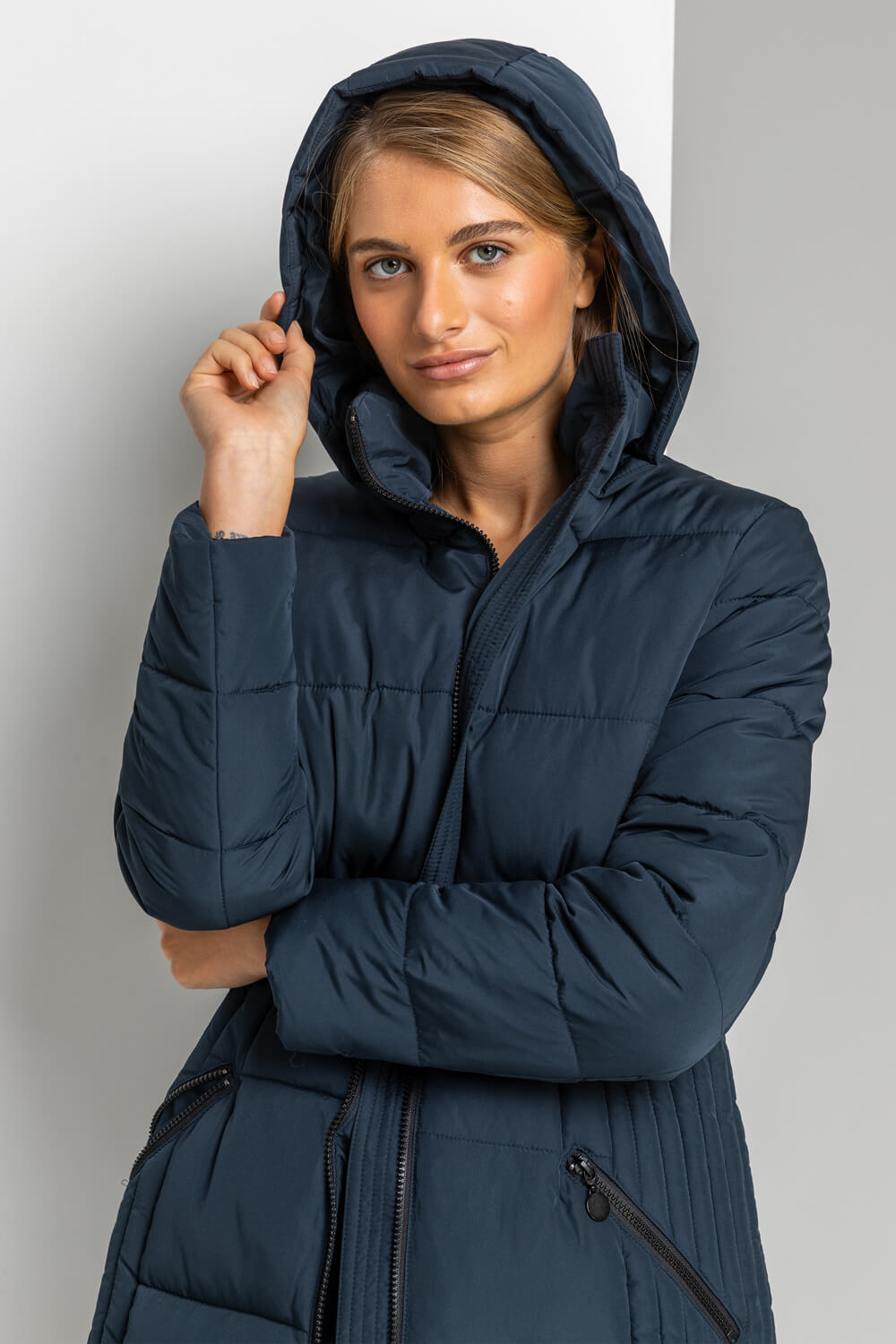 Navy  Quilted Longline Hooded Coat, Image 4 of 5