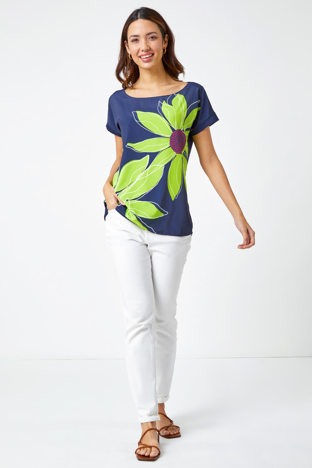 Lime Contrast Floral Print T Shirt, Image 2 of 5