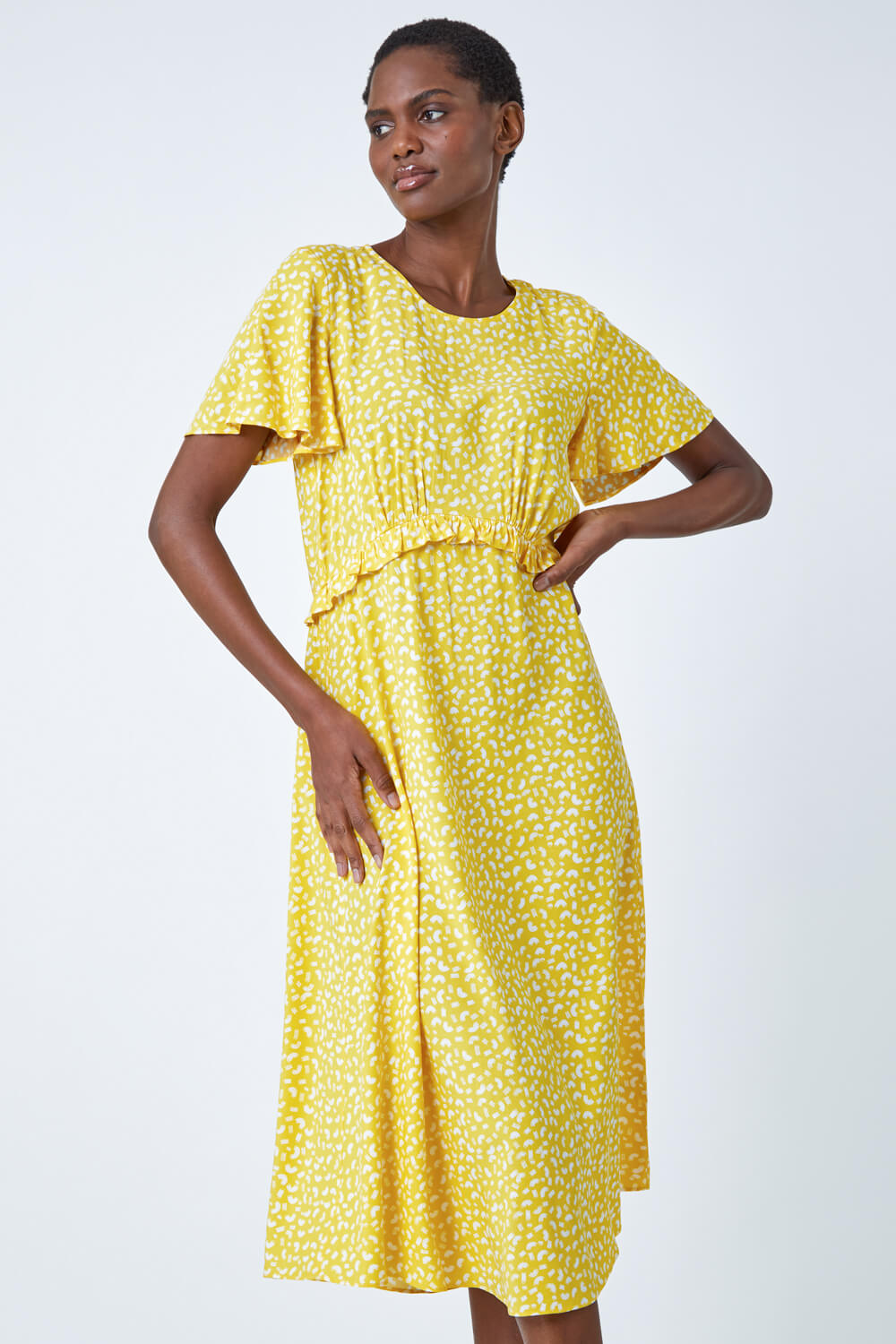 Yellow Ditsy Print Frill Waist Midi Dress, Image 3 of 6