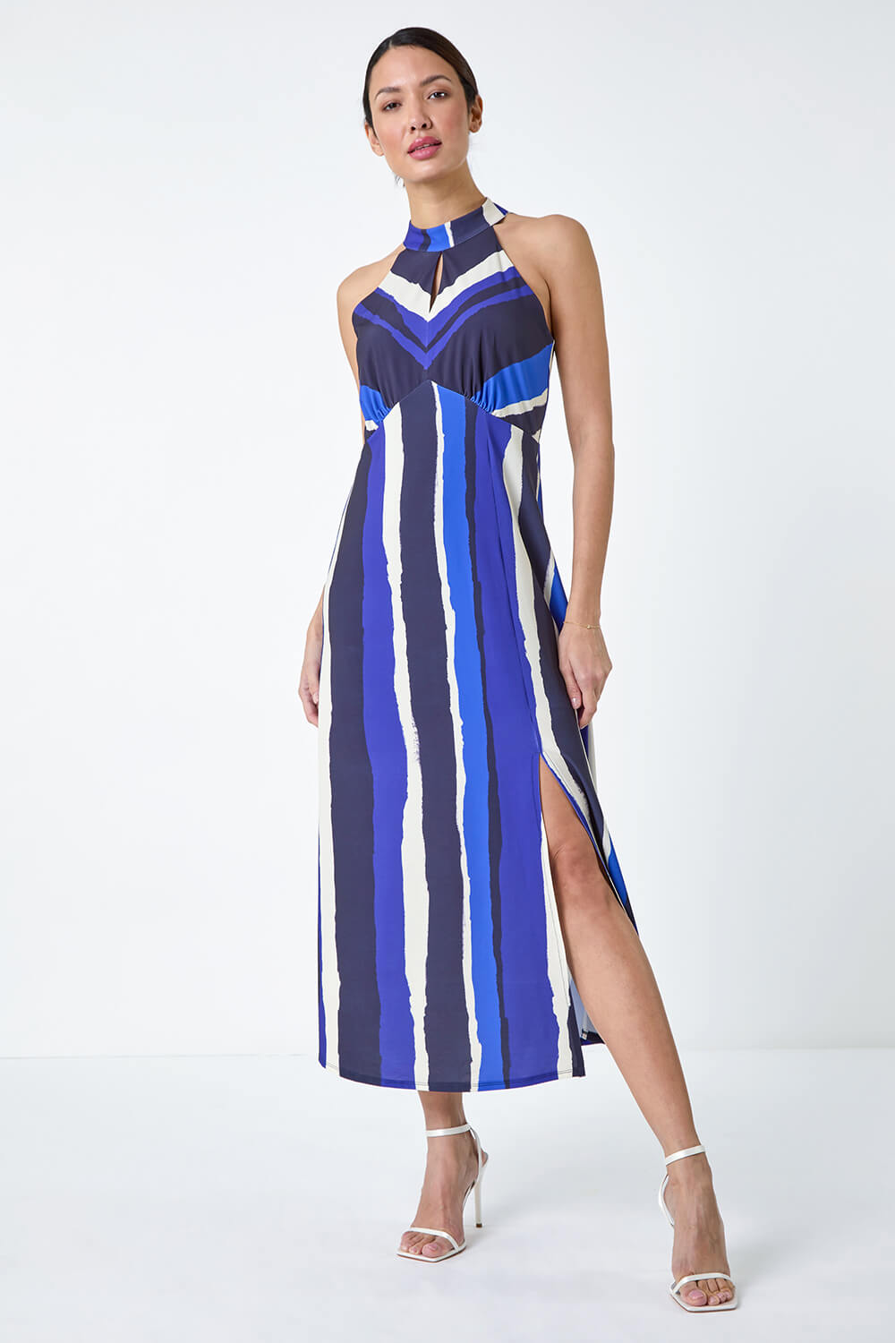 Navy  Stripe Print Halterneck Midi Dress, Image 2 of 5