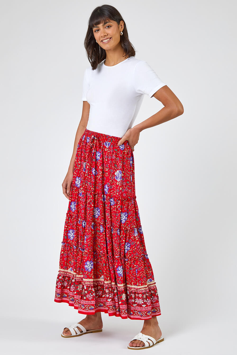 Red Boho Floral Print Tiered Maxi Skirt, Image 3 of 5