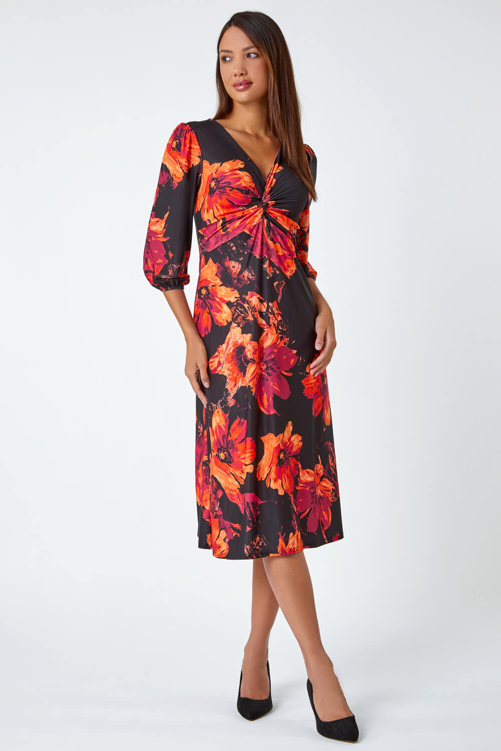 Floral Ruched Midi Stretch Dress 