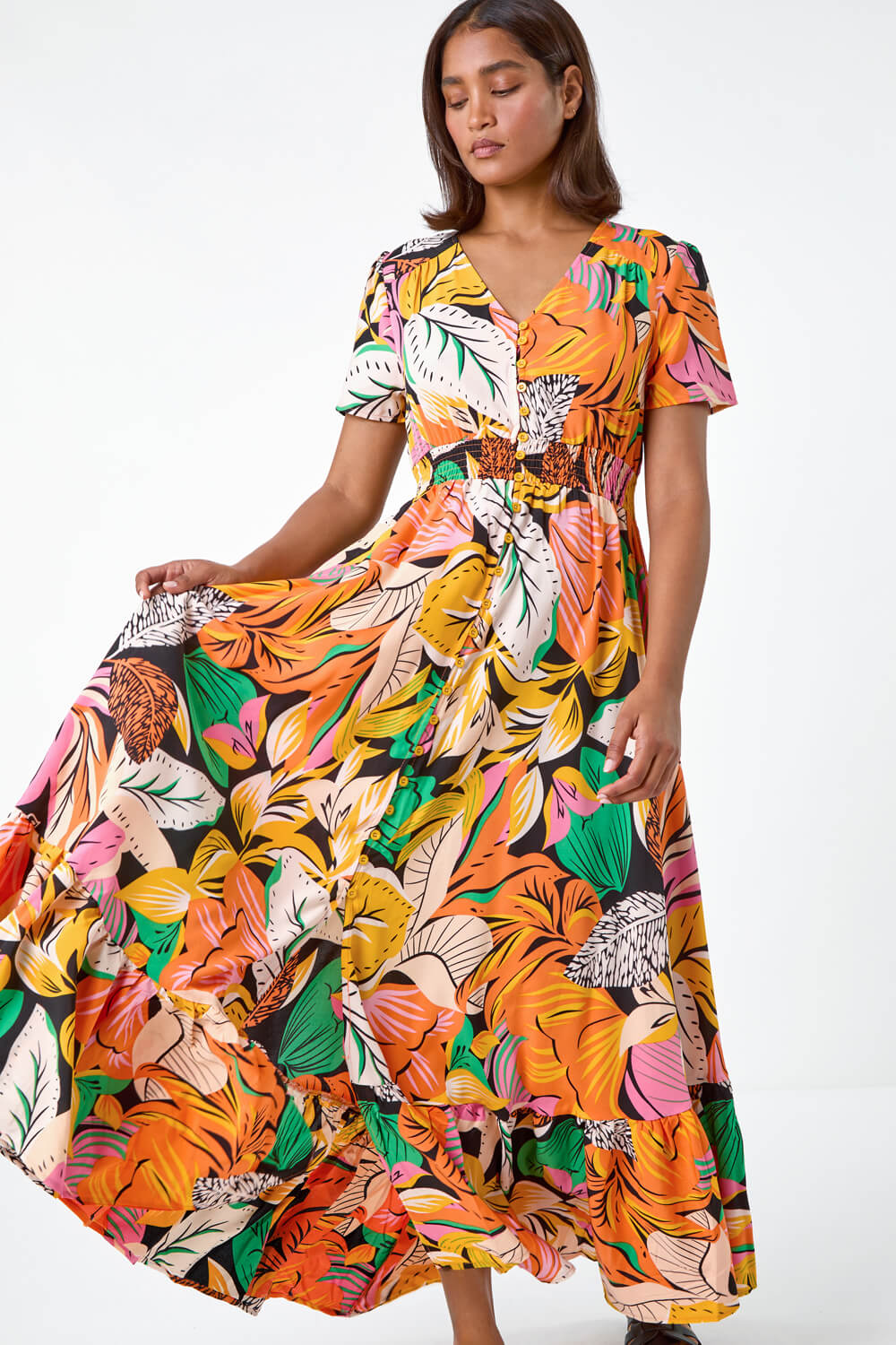 ORANGE Tropical Print Frilled Hem Maxi Dress, Image 4 of 5
