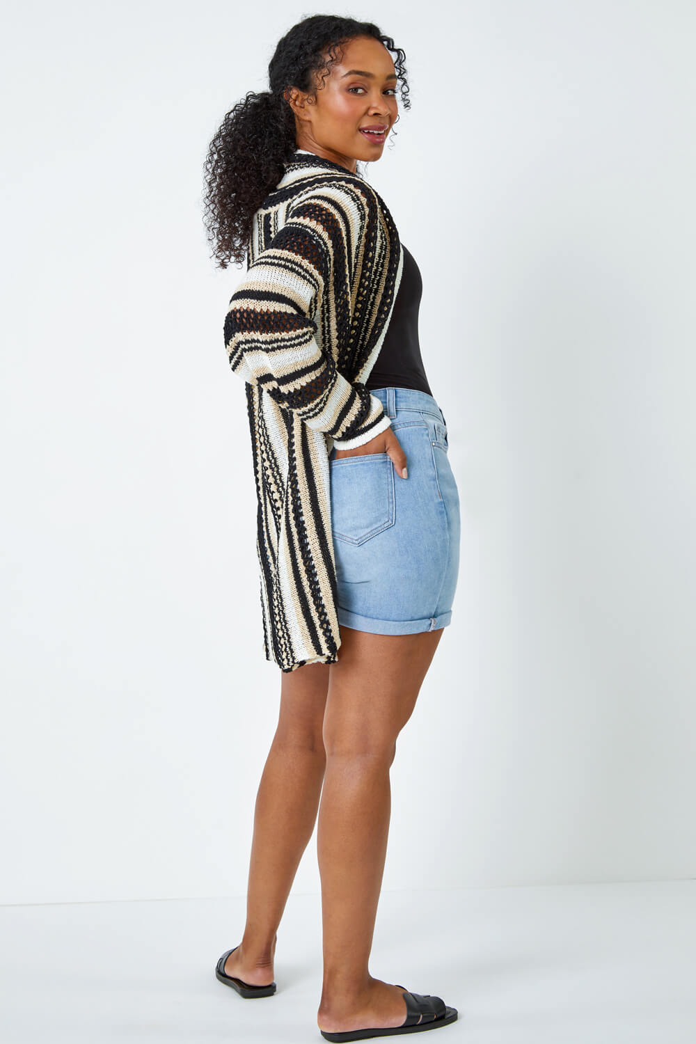 Black Petite Stripe Longline Knit Cardigan, Image 5 of 6