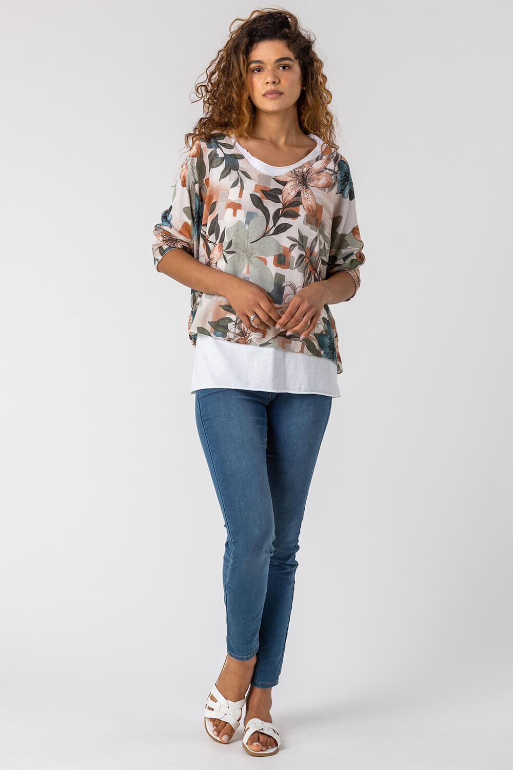 Neutral Floral Print Double Layer Top, Image 3 of 4