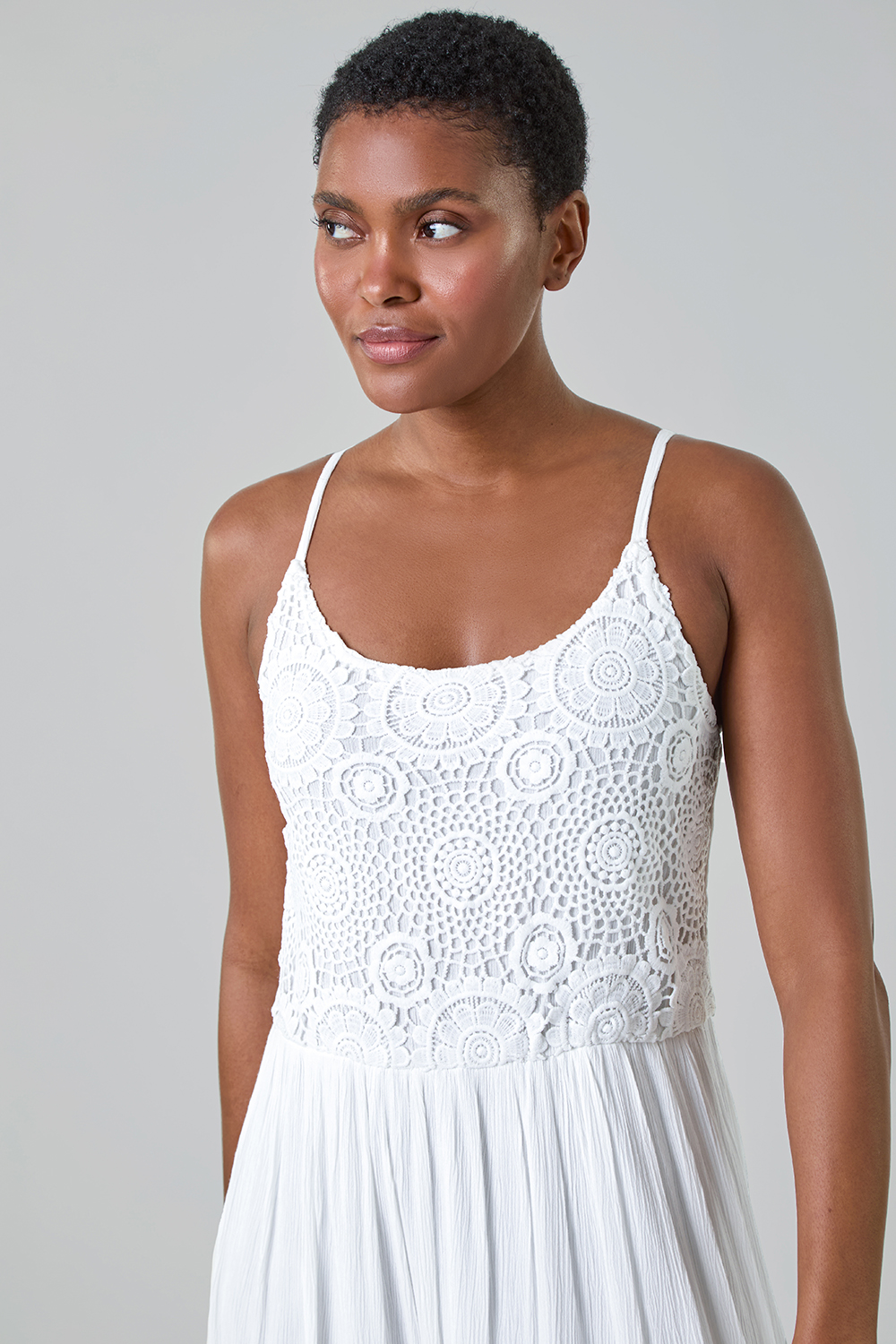 White Lace Bodice Shirred Midi Dress | Roman UK