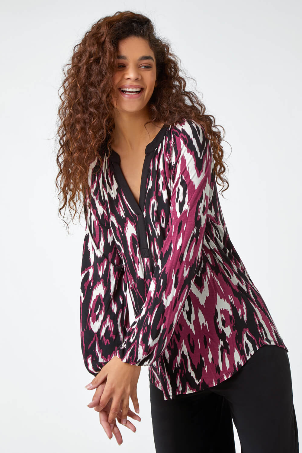 Abstract Print Placket Stretch Top 